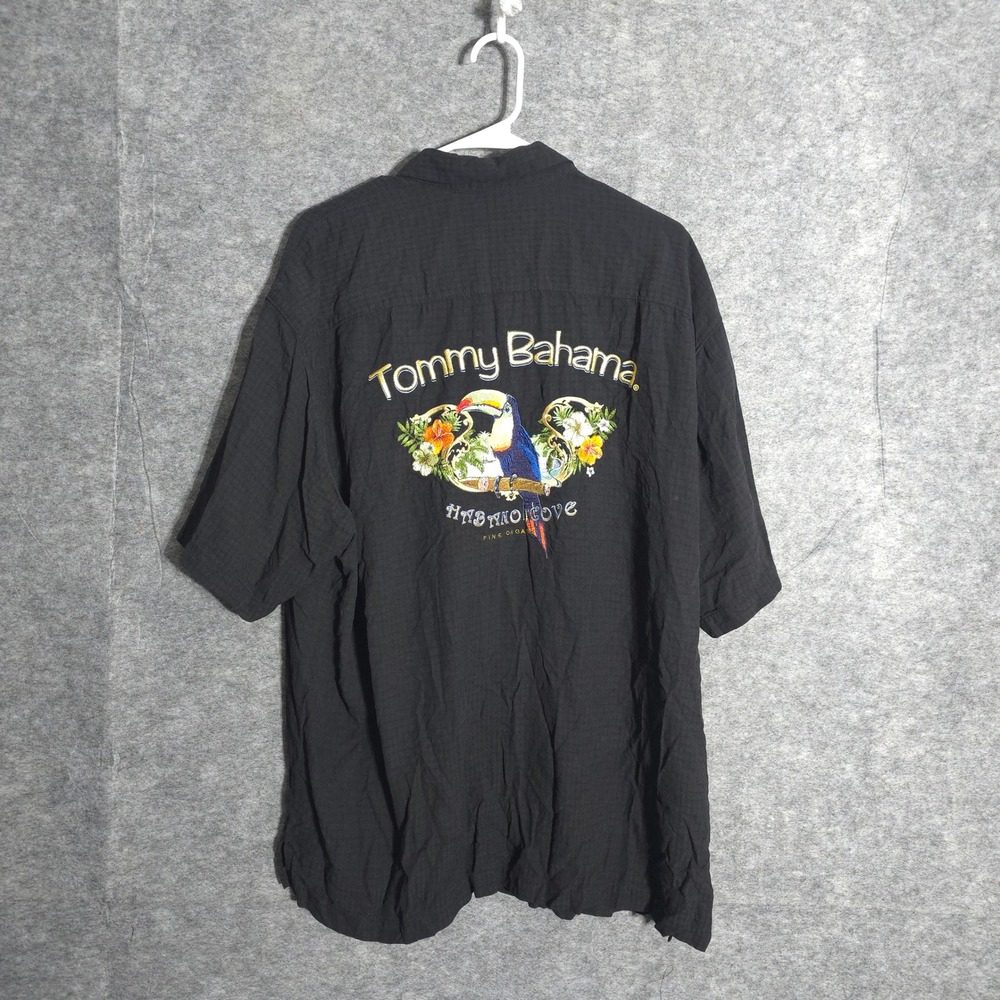 Tommy Bahama Toucan Shirt Mens XL Black Silk Embroidered Tropical Camp Diamond